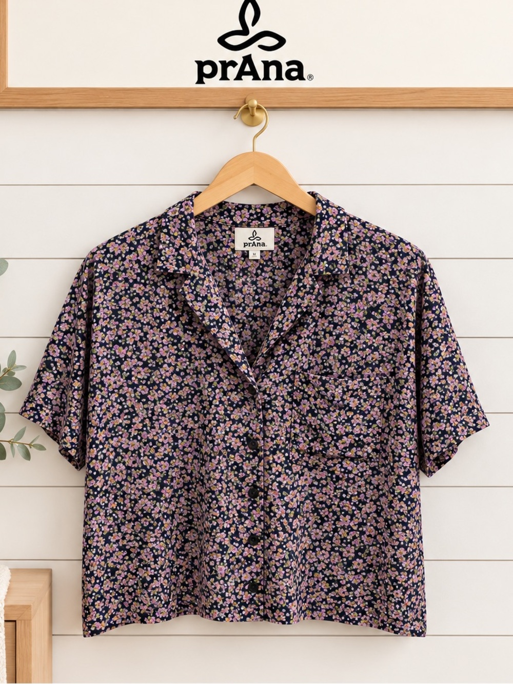 PRANA Floral Short Sleeve Blouse Navy Multi Size L